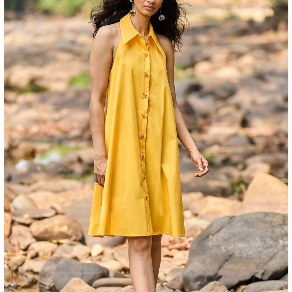 Sleeveless Mustard Yellow Button-Front Mini Dress - Picture 3 of 7